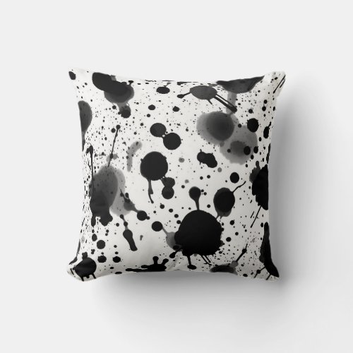 Watery Black Ink Splatter Stains on White Throw Pillow