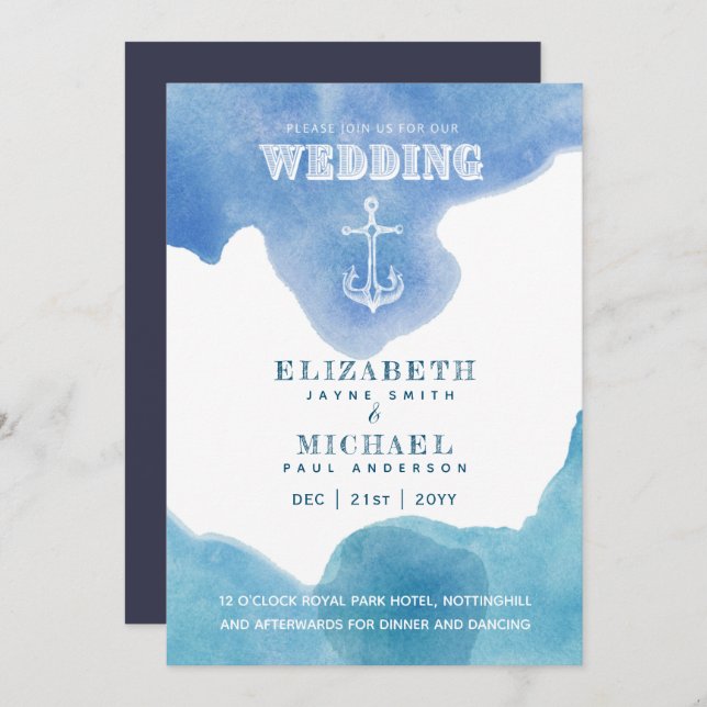 Watery Nautical Sailing Destination Wedding Invite (Front/Back)