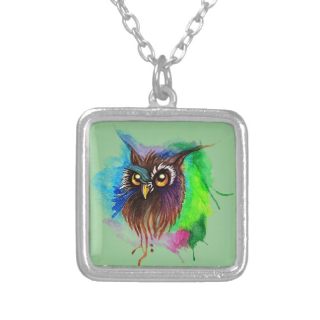 Watery Wood Owl Silver Plated Necklace (Front)