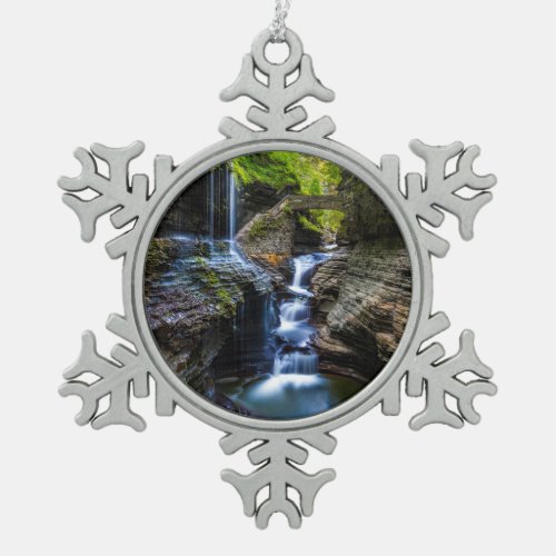 Watkins Glen Rainbow Falls  Bridge Snowflake Pewter Christmas Ornament