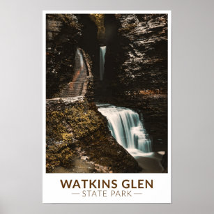 Watkins Glen State Park New York Watercolor Retro Poster