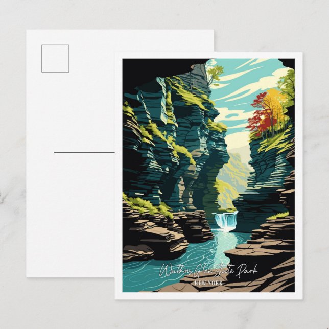 Watkins Glen State Park Travel Illustration Postcard (Front/Back)