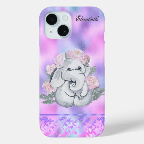 Watrercolor Elephant Flowers Holographic iPhone 15 Case