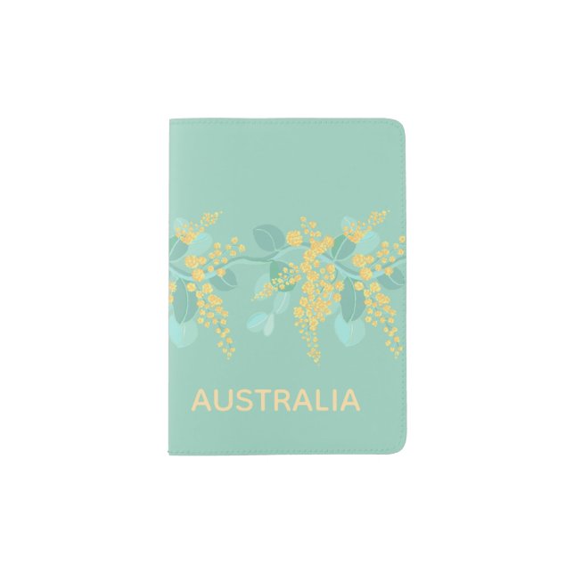 Wattle blossoms Australian Green and gold Passport Holder (Front)