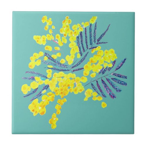 Wattle Mimosa yellow flower art Australia Ceramic Tile