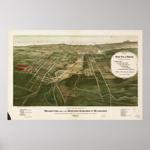 Wauwatosa _ Milwaukee WI 1892 Panoramic Map Poster