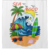 Wave and Palm Tree Shower Curtain