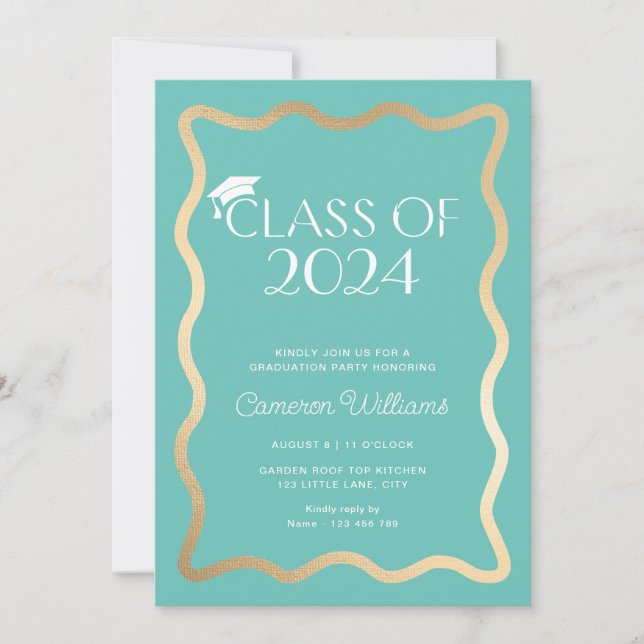 Wave Aqua Gold Graduation Party Invitation (Front)