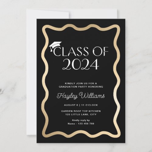 Wave Black Gold Graduation Party Invitation