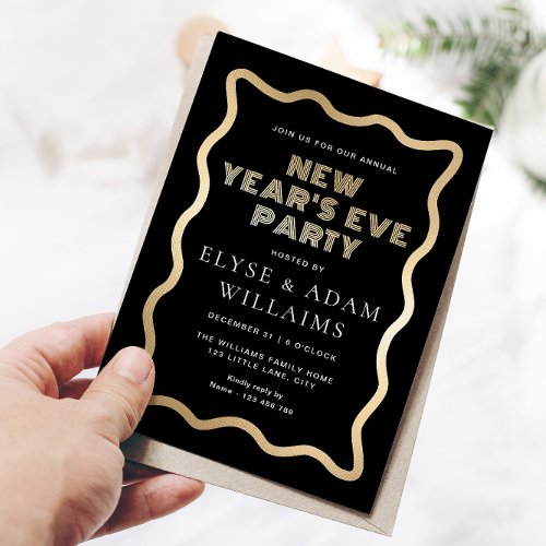 Wave Black New Years Eve Party Foil Invitation