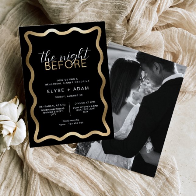 Wave Black Rehearsal Dinner Foil Invitation (Wedding Rehearsal Dinner Invitation Black Gold Wave)