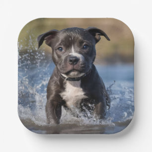 "Wave Chaser: A Staffy Puppy at Play in the Ocean" Paper Plates