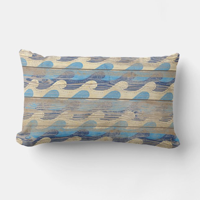 wave design on old wood lumbar pillow (Front)