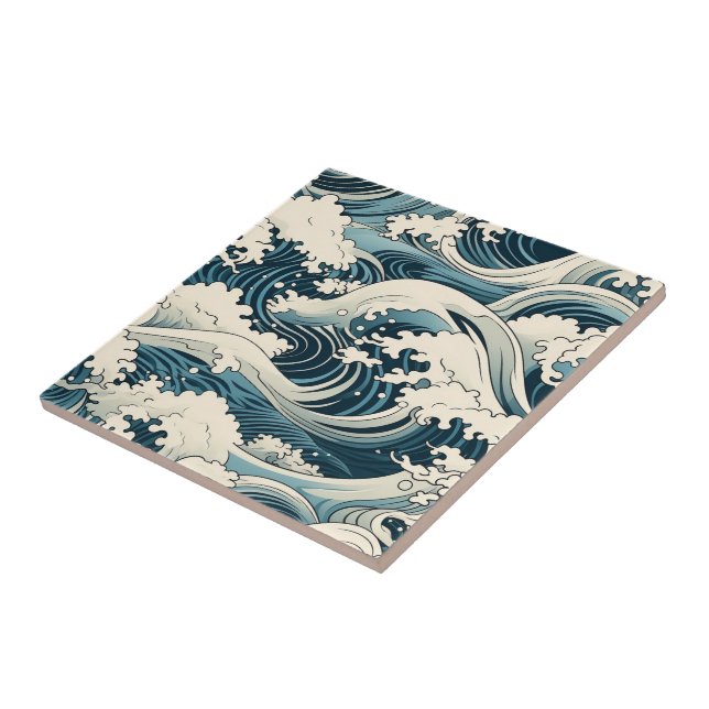Wave Elegance: Hokusai-Inspired japanese art Ceramic Tile (Side)