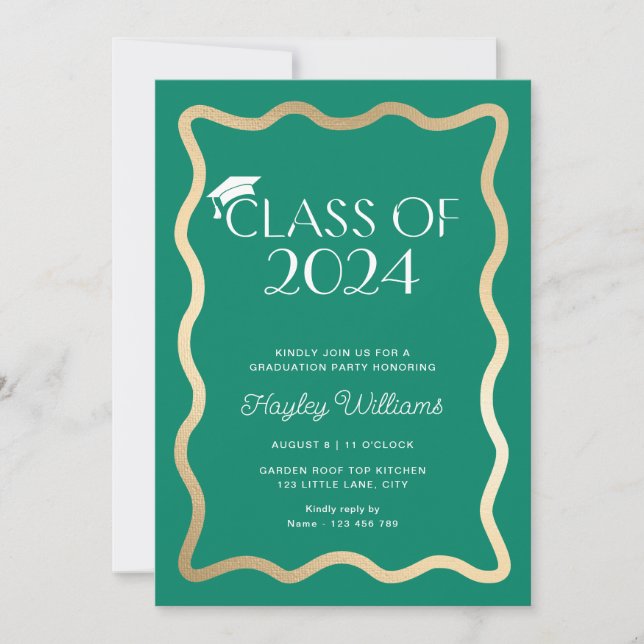 Wave Emerald Green Gold Graduation Party Invitation (Front)