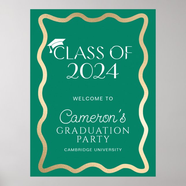 Wave Emerald Green Gold Graduation Party Welcome Poster (Front)