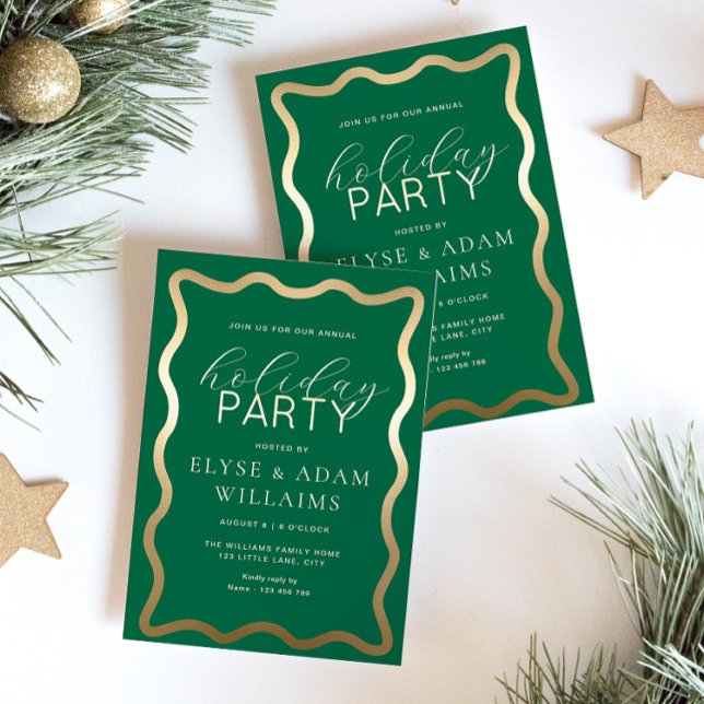 Wave Green Holiday Party Foil Invitation (Holiday Party Green Gold Foil Invitation )