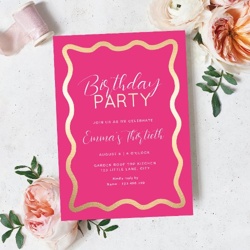 Wave Hot Pink Birthday Foil Invitation