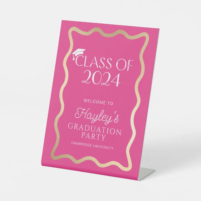 Wave Hot Pink Graduation Party Welcome Pedestal Sign (Front)