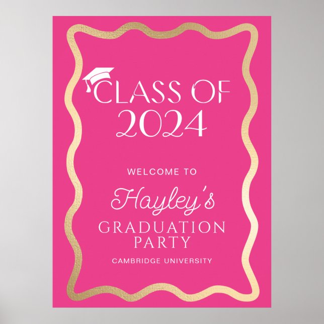 Wave Hot Pink Graduation Party Welcome Poster (Front)