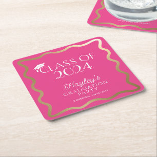 Wave Hot Pink Graduation Party Welcome Square Paper Coaster