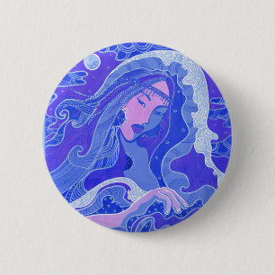 Wave, Mermaid, Fantasy Art Asian Girl, Blue & Pink Button