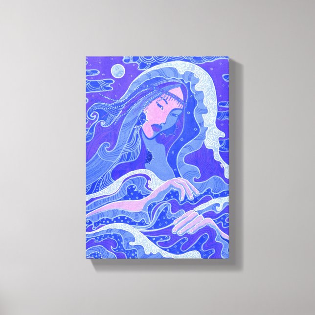 Wave, Mermaid, Fantasy Art Asian Girl, Blue & Pink Canvas Print (Front)