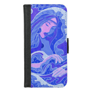 Wave, Mermaid, Fantasy Art Asian Girl, Blue & Pink iPhone 8/7 Wallet Case