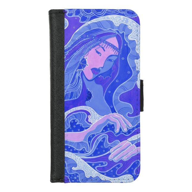 Wave, Mermaid, Fantasy Art Asian Girl, Blue & Pink iPhone Wallet Case (Front)