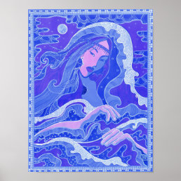 Wave, Mermaid, Fantasy Art Asian Girl, Blue &amp; Pink Poster