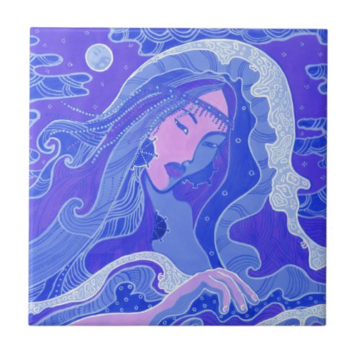 Wave Mermaid Fantasy Surreal Asian Girl Blue Pink Ceramic Tile