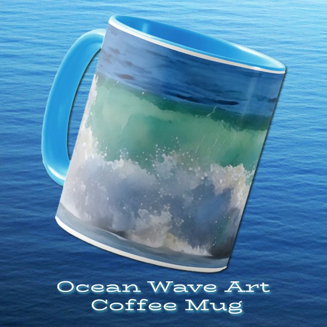 Wave Ocean Splash Beach Art Mug (A tropical ocean wave in a watercolor style art on a stylish mug.)