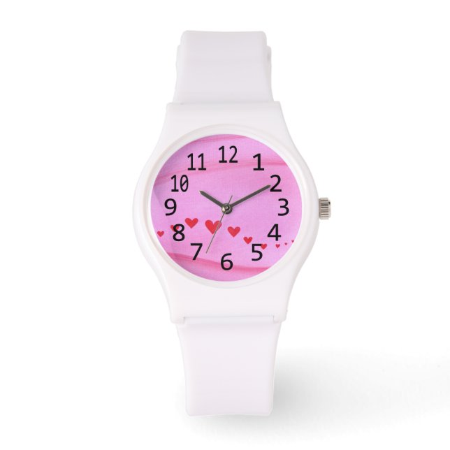 Wave of Red Hearts on Pink Numbers Love Watch (Front)