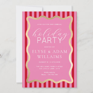 Wave Pink Red Gold Stripe Christmas Holiday Party Invitation