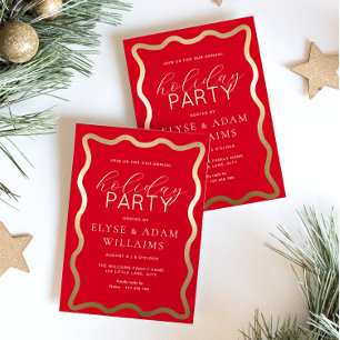 Wave Red Holiday Party Foil Invitation
