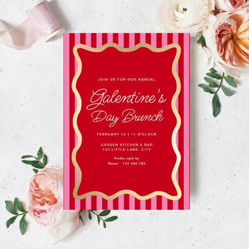 Wave Red Pink Stripe Galentines Day Brunch Invitation