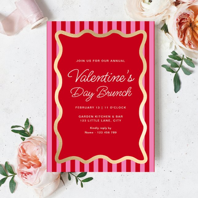 Wave Red Pink Stripe Valentine's Day Brunch Invitation (Valentines Brunch Invitation Hot Pink Red Stripe)