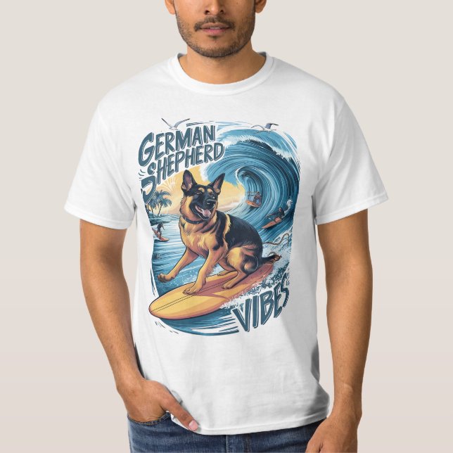 Wave Rider: A German Shepherd Surfing T-Shirt (Front)