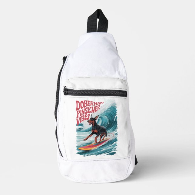 Wave Rider: Doberman Pinscher Dog Surfing in Style Sling Bag (Front)