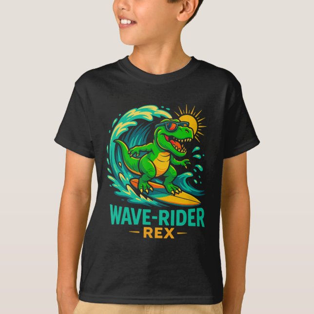 Wave-rider Rex Funny Surfing Dinosaur T-rex Summer T-Shirt (Front)