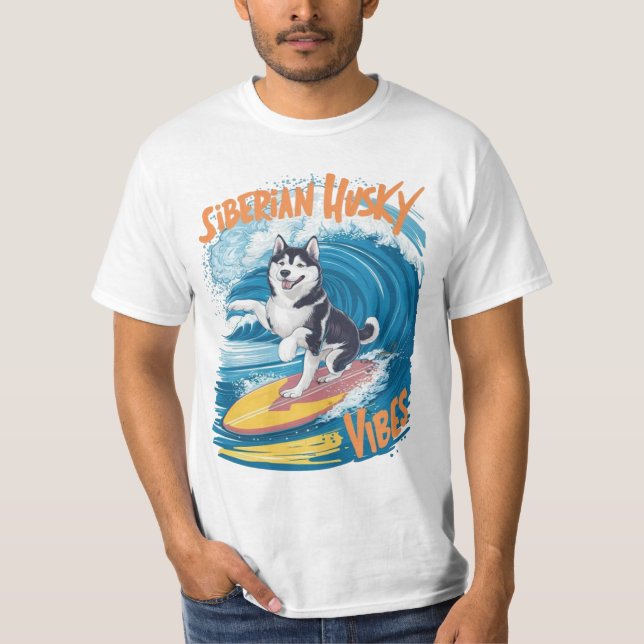 Wave Rider Siberian Husky Dog Surfing T-Shirt (Front)