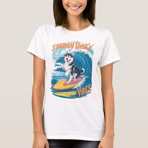 Wave Rider Siberian Husky Dog Surfing T_Shirt