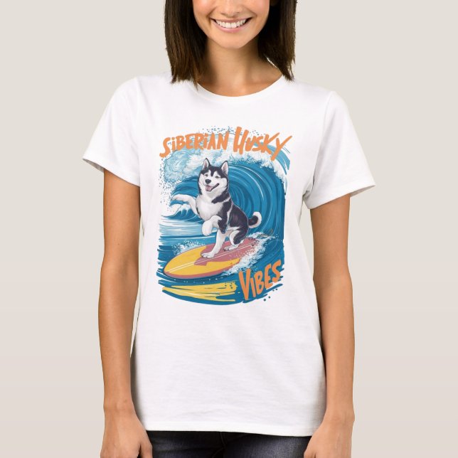 Wave Rider Siberian Husky Dog Surfing T-Shirt (Front)