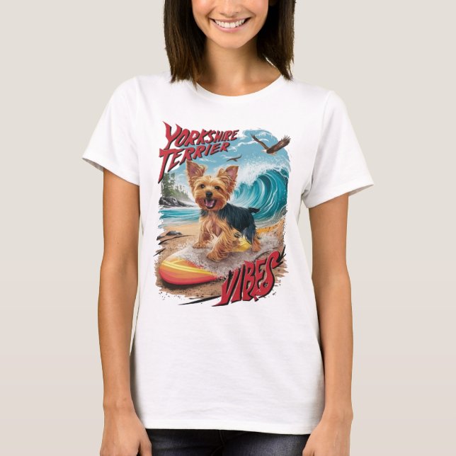 Wave Rider Yorkshire Terrier Surfing Pup T-Shirt (Front)