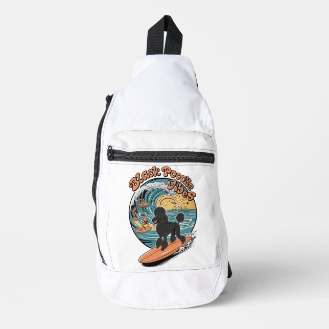 Wave-Riding Black Poodle Surfing Adventure Sling Bag (Front)
