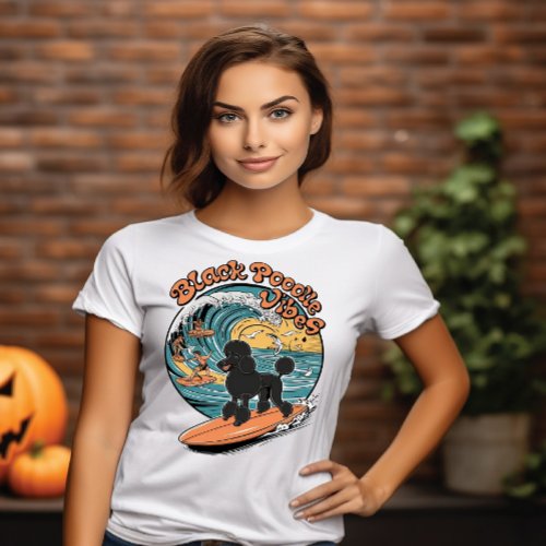 Wave_Riding Black Poodle Surfing Adventure T_Shirt