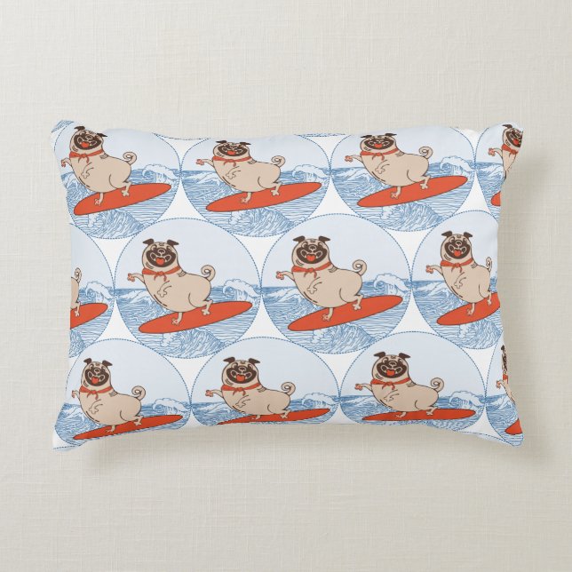 Wave riding happy pug dog on surfboard  accent pillow (Front)