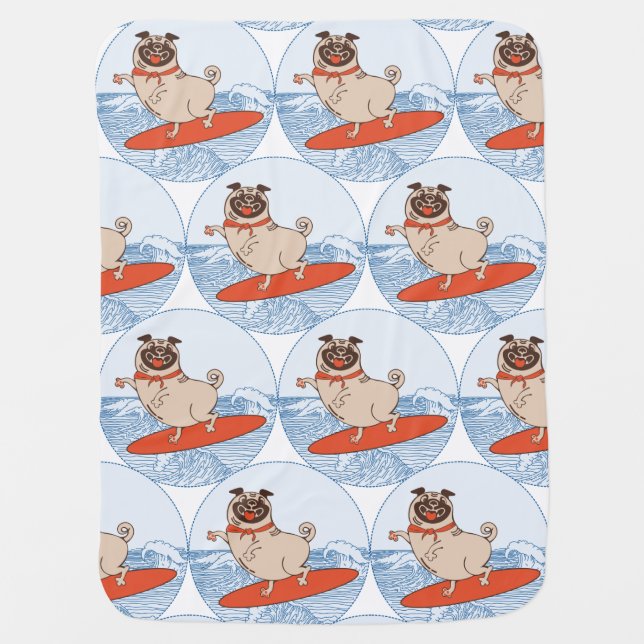 Wave riding happy pug dog on surfboard  baby blanket (Front)