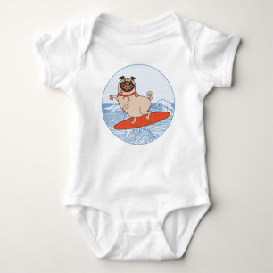Wave riding happy pug dog on surfboard  baby bodysuit