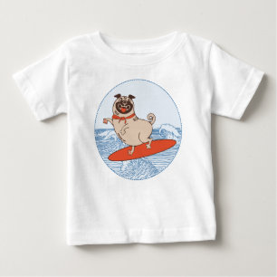Wave riding happy pug dog on surfboard  baby T-Shirt